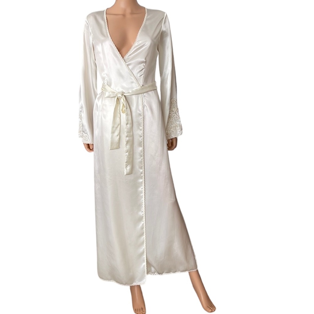 Vintage Victoria’s Secret Long White Satin Robe Pearl Sequin Cuffs M/L